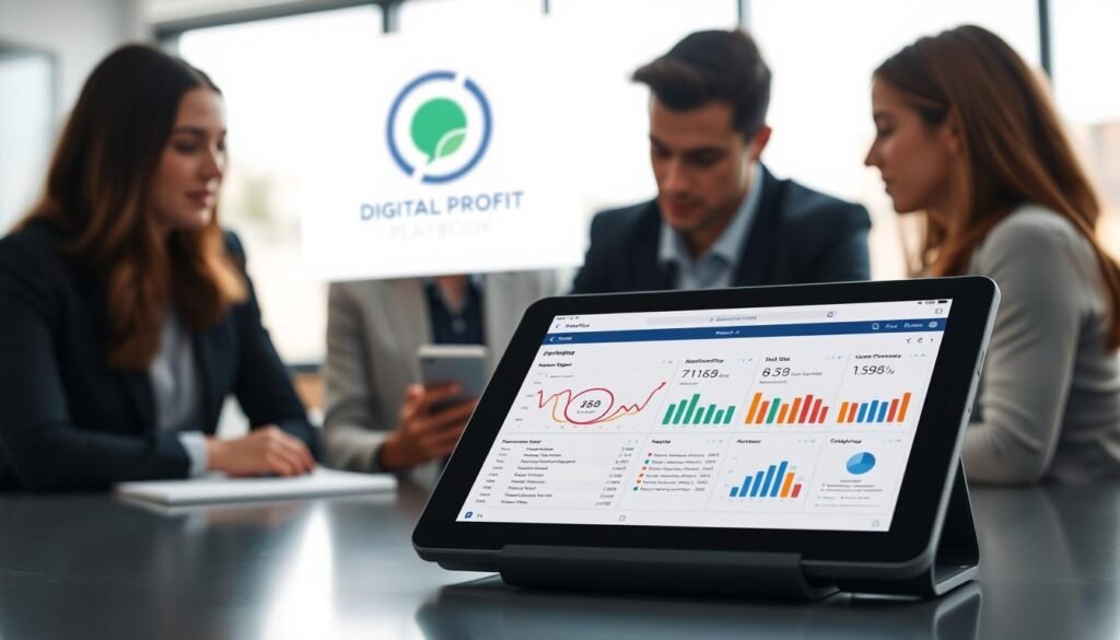 A modern, sleek app review tool with a clean user interface. In the foreground, a tablet device displays detailed analytics and user feedback. The middle ground features a focused, professional team collaborating on app optimization strategies, lit by soft, directional lighting. In the background, the DIGITAL PROFIT PLAYBOOK brand logo stands out, conveying a sense of authority and expertise. The overall mood is one of efficiency, productivity, and data-driven decision-making, capturing the essence of a comprehensive app review solution.