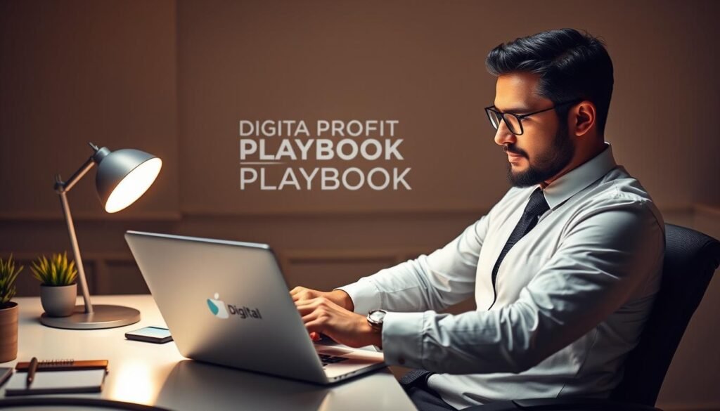 A professional, well-dressed individual sitting at a desk, intently focused on a laptop screen, surrounded by a minimalist workspace. The DIGITAL PROFIT PLAYBOOK branding is subtly present, conveying their expertise as a paid app review expert. Warm, directional lighting illuminates the scene, creating a sense of productivity and professionalism. The overall atmosphere exudes an air of dedication and expertise in the field of app reviews.